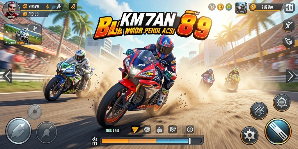Screenshot gameplay KM789 menunjukkan aksi balapan motor yang mendebarkan.