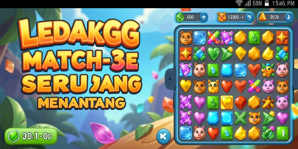 Tampilan gameplay LEDAKGG dengan level-level Match-3 yang menarik.