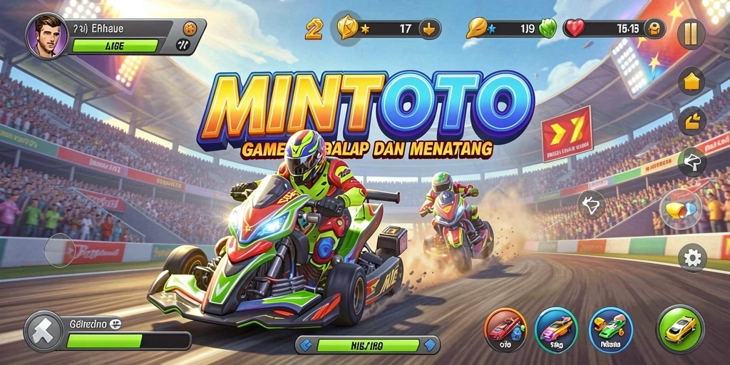 Screenshot gameplay MINTOTO menampilkan balapan seru dengan kendaraan yang cepat.