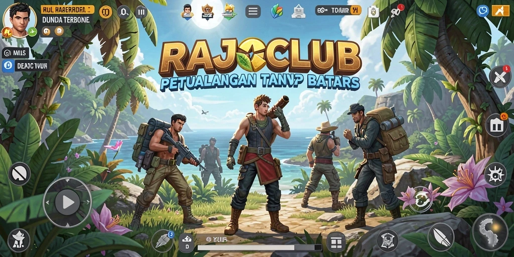 Screenshot utama RAJACLUB menampilkan eksplorasi dunia terbuka yang penuh warna.
